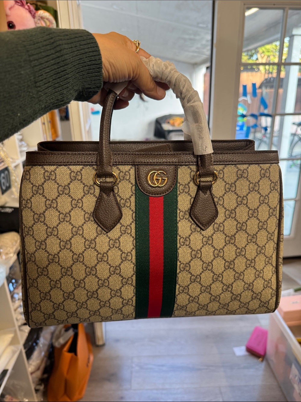 Supreme Canvas Tote with Brown Leather and Green-Red Stripe